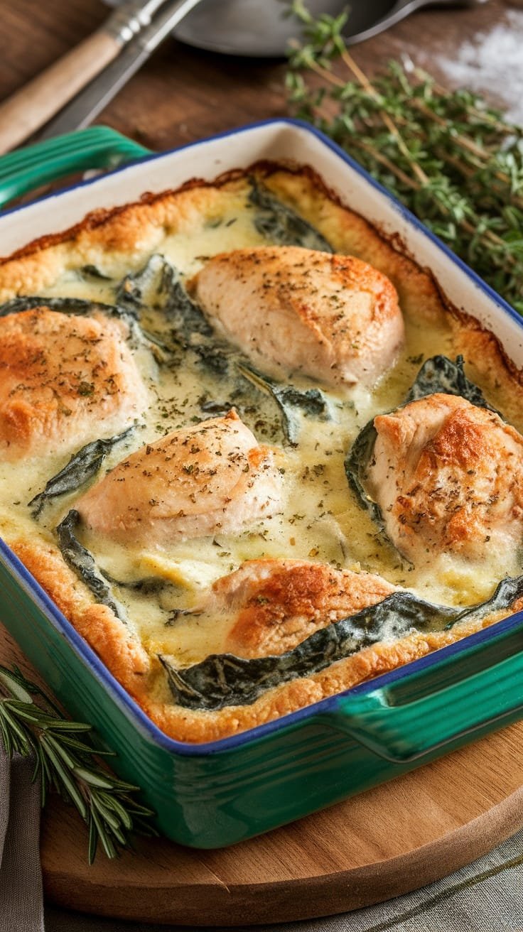 Creamy Spinach and Chicken Bake in a green baking dish