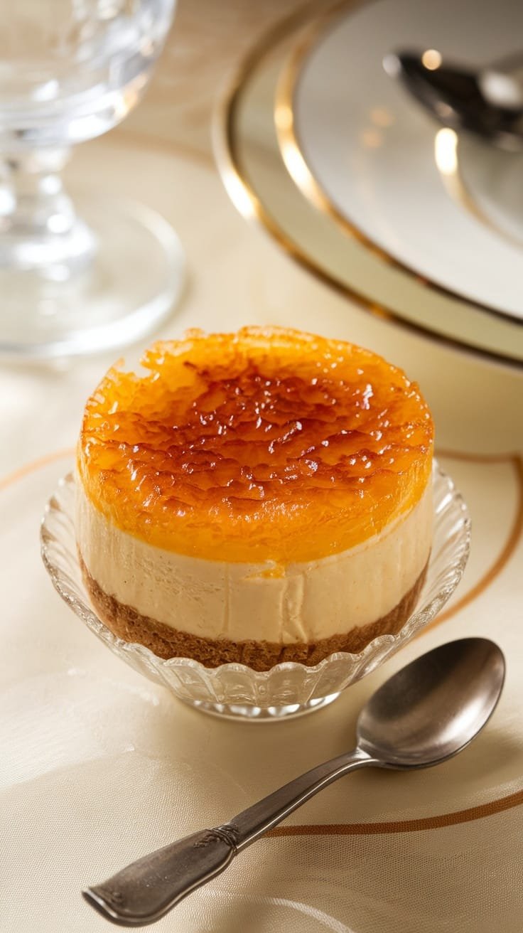 Mini Crème Brûlée Cheesecakes Mini crème brûlée cheesecake with caramelized sugar topping on an elegant plate.