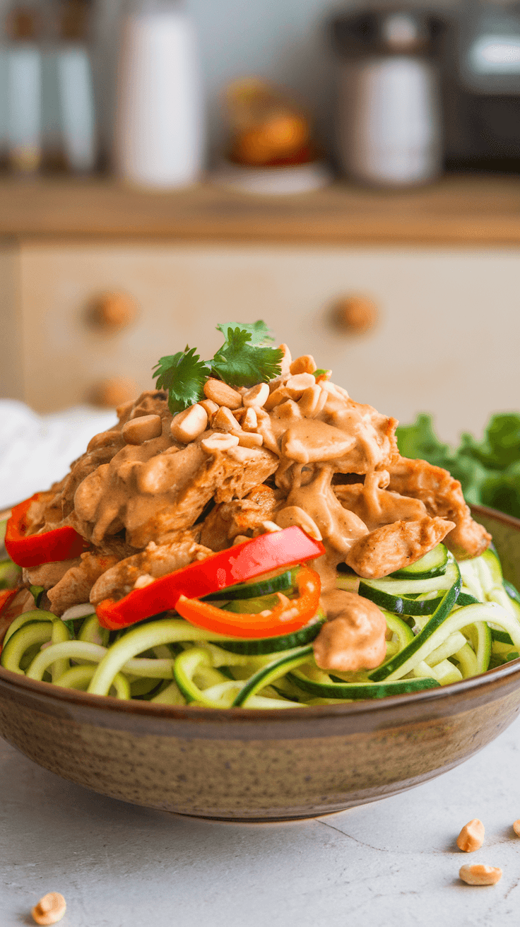 Thai Peanut Chicken Zoodles Recipe Thai Peanut Chicken Zoodles with chicken, bell peppers, zucchini noodles, and peanut sauce garnished with peanuts and cilantro.