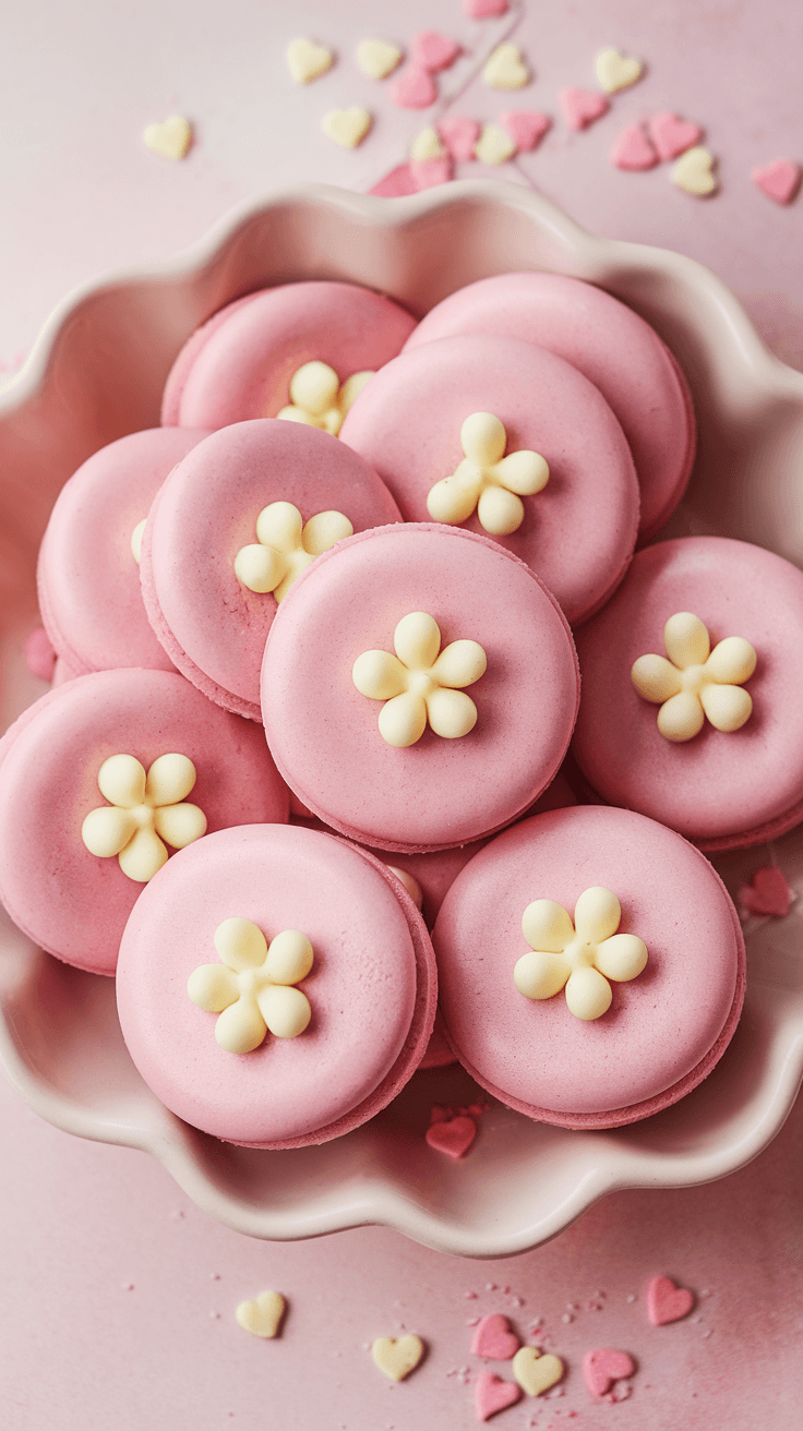 Pink Velvet Blossom Cookies for Valentine Delicious pink velvet blossom cookies topped with chocolate kisses on a decorative plate, ideal for Valentine