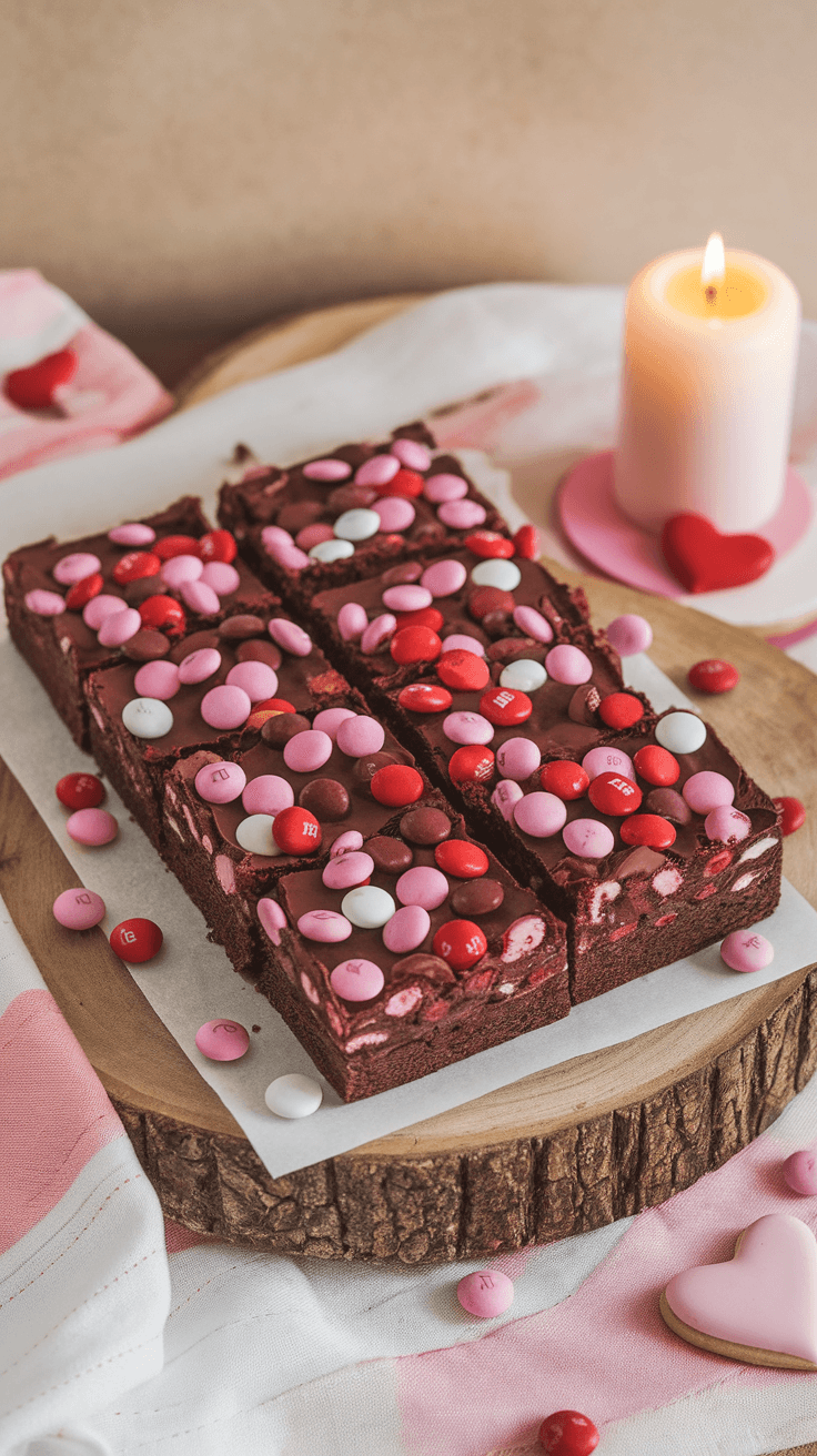 Festive Valentine Festive brownies with M&M toppings on a romantic plate for Valentine
