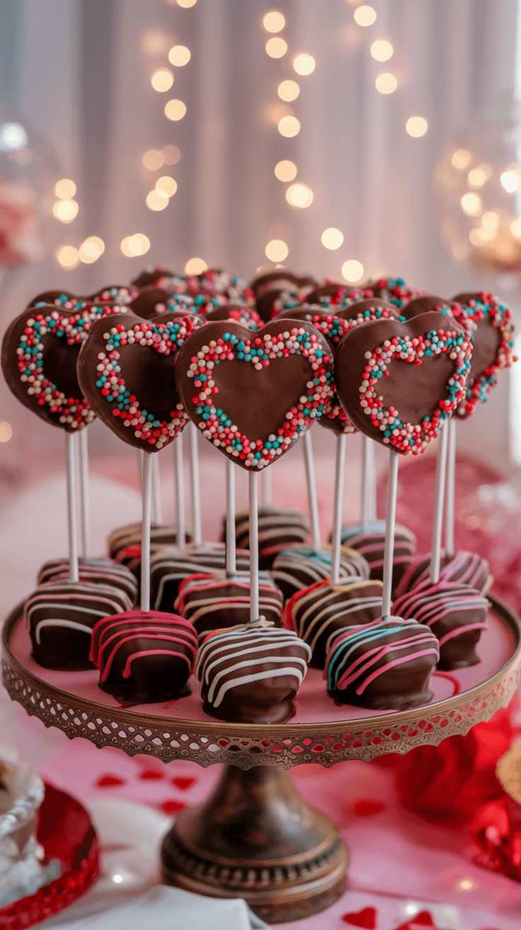 Delicious Heart-Shaped Brownie Pops for Valentine Heart-shaped brownie pops coated in chocolate and sprinkles on a decorative plate.