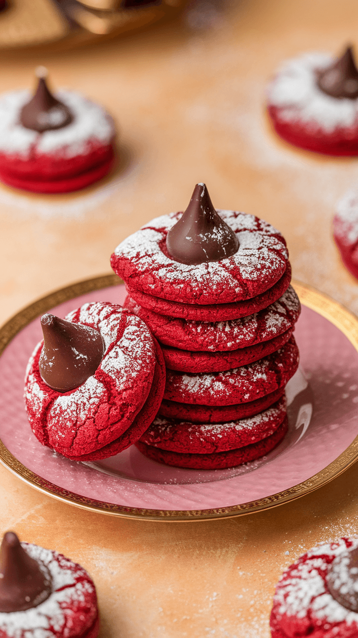 Delicious Red Velvet Kiss Cookies Recipe A plate of red velvet cookies topped with Hershey