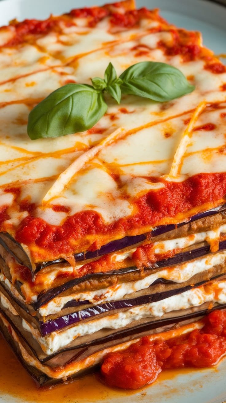 Eggplant Lasagna with Ricotta layers topped with basil