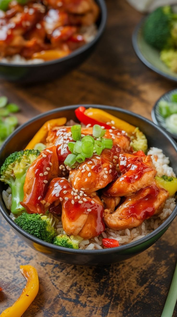 Spicy Korean BBQ Chicken Bowl Recipe A colorful bowl of Spicy Korean BBQ Chicken with rice and mixed vegetables, garnished with sesame seeds and green onions.