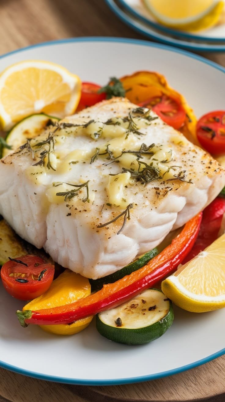 Lemon Herb Butter Cod with Roasted Veggies Baked lemon herb butter cod with roasted vegetables on a plate, garnished with lemon wedges.