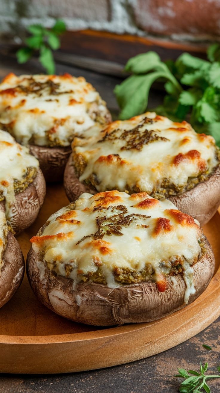 Deliciously baked pesto and cheese stuffed portobello mushrooms.
