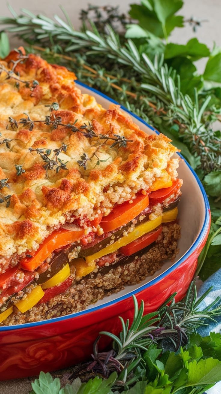 A colorful ratatouille casserole layered with quinoa and fresh vegetables.