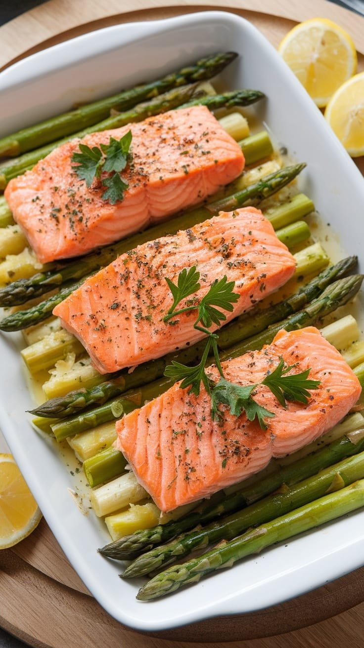 A delicious salmon and asparagus bake with fresh lemon slices.