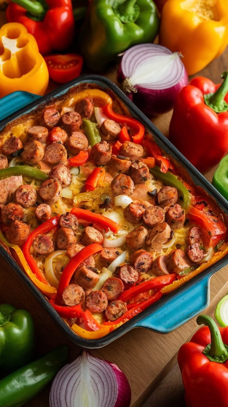 A delicious sausage and bell pepper casserole, showcasing colorful bell peppers and sliced sausage baked to perfection.