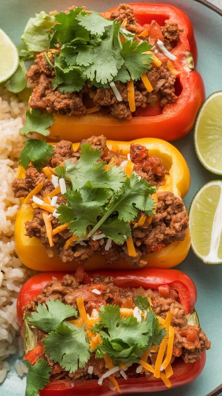 Taco stuffed bell peppers filled with ground beef, cheese, and topped with cilantro.