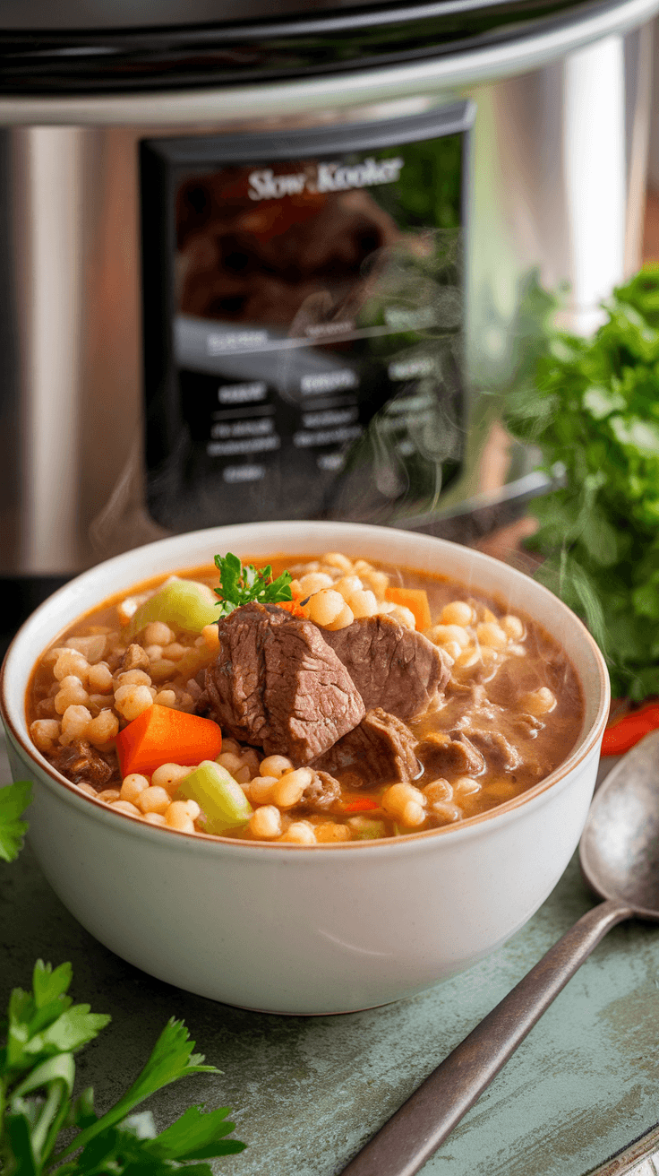 Hearty Slow Cooker Beef and Barley Soup A bowl of beef and barley soup with vegetables, garnished with parsley, in a cozy kitchen setting.