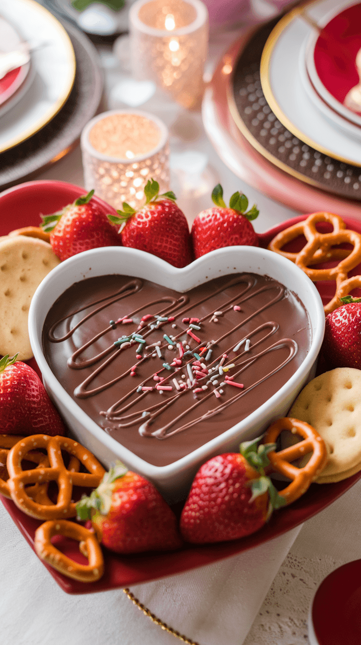 Decadent Valentine Heart-shaped bowl filled with chocolate dessert dip, surrounded by strawberries, pretzels, and cookies, ideal for Valentine
