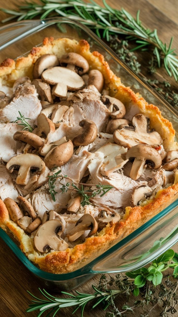 A delicious turkey and mushroom casserole ready to be served.