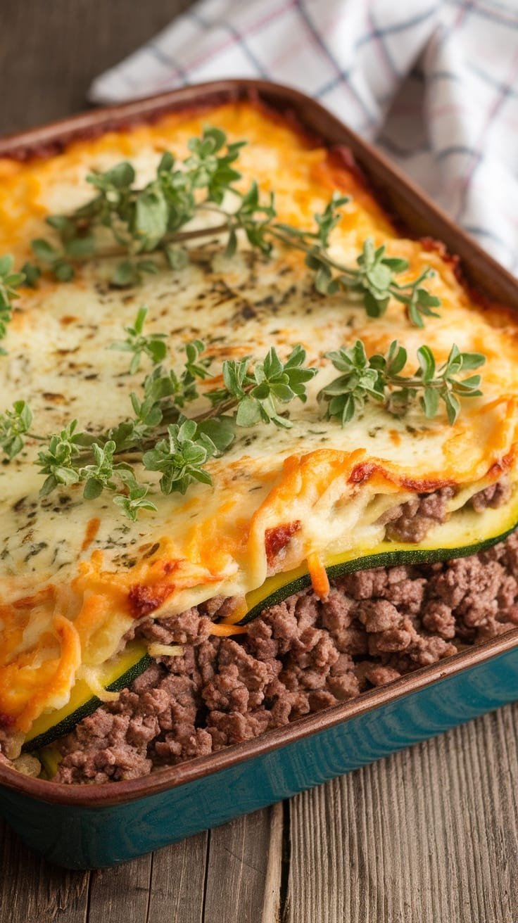 A delicious Zucchini and Ground Beef Casserole topped with melted cheese.