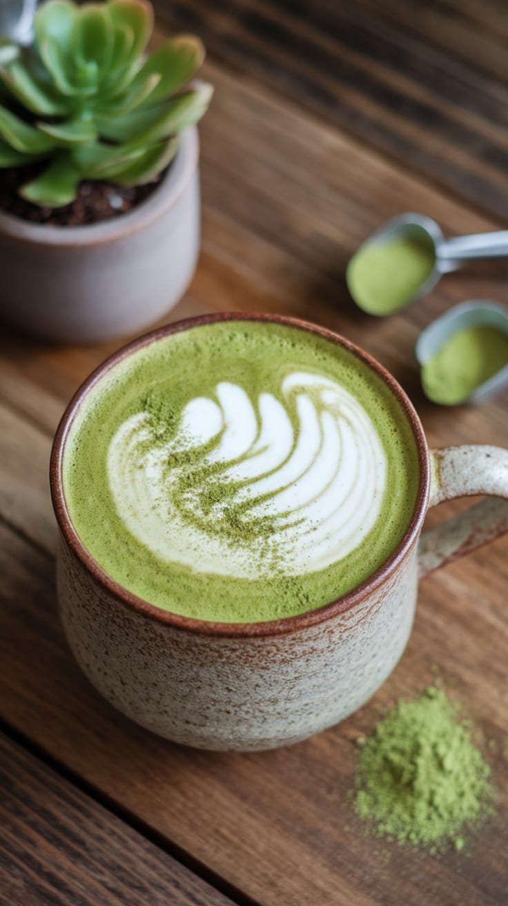 Delicious Matcha Collagen Latte Recipe A creamy green matcha collagen latte in a rustic mug on a wooden table, garnished with matcha powder and surrounded by ingredients.