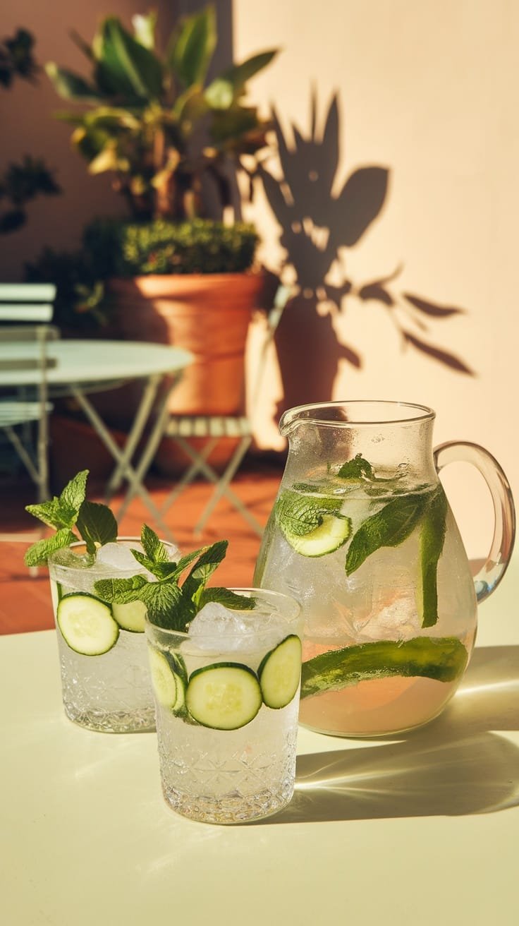 Refreshing Cucumber Mint Aloe Vera Detox Water Recipe A pitcher of cucumber mint aloe vera detox water with slices of cucumber and mint leaves, served in glasses with ice.